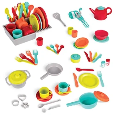 Immagine di Battat Set di giocoda cucina giocattolo 71 pezzi accessori per la cuisine finta 4 coperti e posate lavabile in lavastoviglie senza preoccupazioni 2 anni+