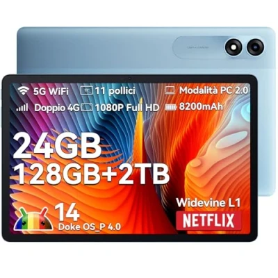 Immagine di Blackview Tablet 11 Pollici Tab90, Android 14 24GB RAM+128GB ROM, Doppia 4G LTE+5G WiFi Gaming, 8200mAh, Widevine L1, PC Mode, 13MP+8MP, 2 Smart K Speaker, Face ID, OTG Octa Core