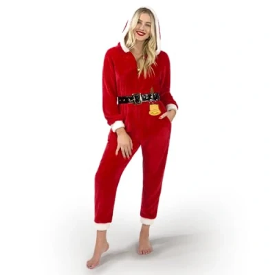 Immagine di Giggling Getup Set Pigiama Aderente con Cappuccio da Babbo Natale Donna, Intero Rosso per Adulti, in Pile Zip Frontale, Taglia M