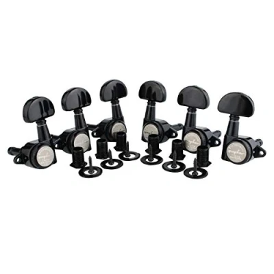 Immagine di Guyker 6Pcs Guitar Locking Tuners (3L + 3R Handed) 1:21 Lock String Tuning Key Pegs Machine Heads with Half Circle Handle Replacement for LP SG Style Electric, Folk or Acoustic Guitars Black