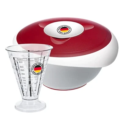 Immagine di Westmark Set di cottura: 1 ciotola per mescolare e cuocere con coperchio in due parti (3,5 l) + misurino cono misurazione fine, plastica, bianco/rosso/trasparente, 315522E8