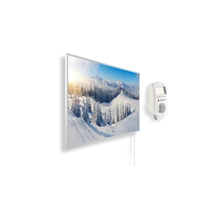 Immagine di Riscaldatore a infrarossi Könighaus 300 Watt + termostato smart e APP una stufetta elettrica basso consumo Cornice bianca (07. Paesaggio innevato)
