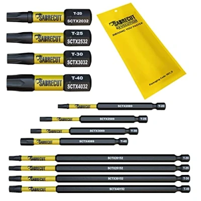 Immagine di 12 x SabreCut SCRK12TX 32mm 89mm 152mm T20 TX20 T25 TX25 T30 TX30 T40 TX40 Set di punte per cacciavite a impatto magnetico Torx Heavy Duty compatibile con Dewalt Milwaukee Bosch Makita e altro