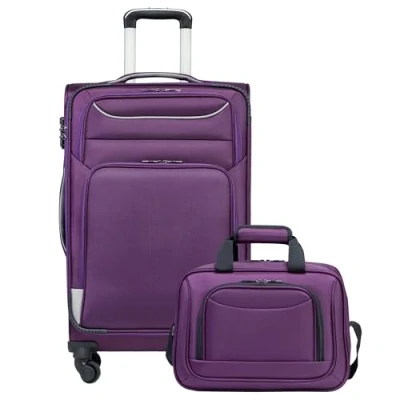 Immagine di COOLIFE valigia trolley da viaggio di 4 ruote in tessuto bagaglio a mano serratura TSA La contiene 1 grande borsa tracolla, viola+argento, Mittlerer Koffer Set 2tlg,