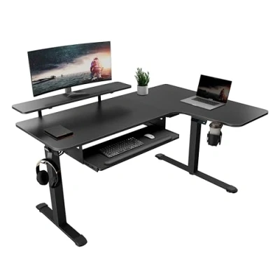 Immagine di EUREKA ERGONOMIC Scrivania Angolare 155x110cm Regolabile in Altteza Electtrica Doppio Motore Gaming PC con Vassoio della Tastiera, Scaffale LED per Computer, Tappetino Mouse