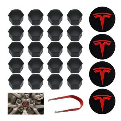 Immagine di Set Coprimozzo e Copridadi Ruota Magic Select, compatibile con TESLA Model 3 Car. Kit Tappi Dadi Cerchione. (4 coprimozzi + 20 pezzi di cappuccio dado ruota)