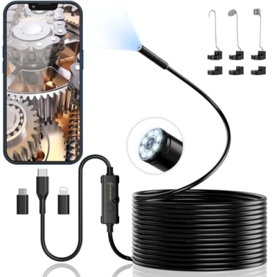 Immagine di ENNOVOR Endoscopio per Smartphone, 1920P HD Telecamera Endoscopio, IP67 Sonda Impermeabile, con 8 LED, Ispezione Tubi Cavo Semirigido da 5 m, Android iOS Camera senza WiFi