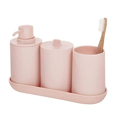 Immagine di iDesign Cade accessori bagno, Set da 4 in plastica composto dispenser sapone, portaspazzolini, contenitore cotone e vassoio, rosa, 24,5 cm x 8,9 16,2