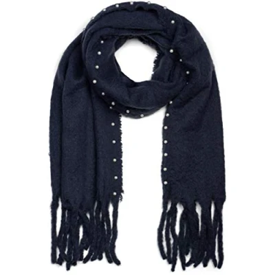 Immagine di styleBREAKER sciarpa a rete da donna tinta unita con applicazioni di perline e lunghe frange grosse, strass, invernale, stola, foulard 01017123, colore:Blu scuro