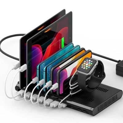Immagine di Alxum 10 Porte tavoletta Stazione di Ricarica, 96W Caricatore USB Multiplo con divisori Staccabili, Include 2 QC 3.0 e Tipo c PD, Nero