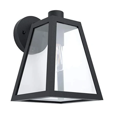 Immagine di Eglo Mirandola Lampada da Parete per Esterni Vintage, Retrò, Attacco E27. IP44. in Alluminio Nero e Vetro Trasparente