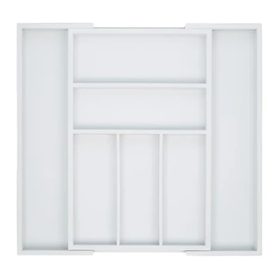 Immagine di relaxdays Portaposate da Cassetto, Estraibile Larghezza Variabile, 5 a 7 Scomparti in Bambù HxLxP: 5x48x46 cm, Bianco