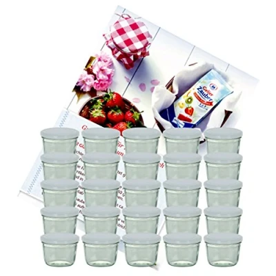 Immagine di Set di 25 vasetti in vetro da 230 ml vetro, To 82, per conserve e marmellate frutta, con coperchio bianco quaderno ricette