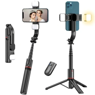 Immagine di Selfie Stick con treppiede migliorato 2 luci di riempimento, feegar flash, Bluetooth extra lungo 1085 mm cellulare telecomando rimovibile compatibile iPhone Samsung Android