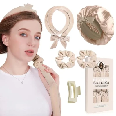 Immagine di 5 Pcs Ferro Arricciacapelli Senza Calore, Bigodini per Styling Capelli, Set di Capelli e Cuffia,Fascia Morbida Curler Medi Lunghi Beige
