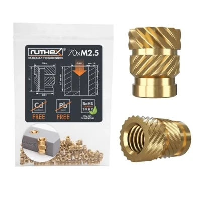 Immagine di ruthex Inserto filettato M2,5 70 pezzi RX M2,5x5.7 Boccole filettata in ottone dado di inserimento per parti plastica utilizzabile stampate 3D tramite calore o ultrasuoni