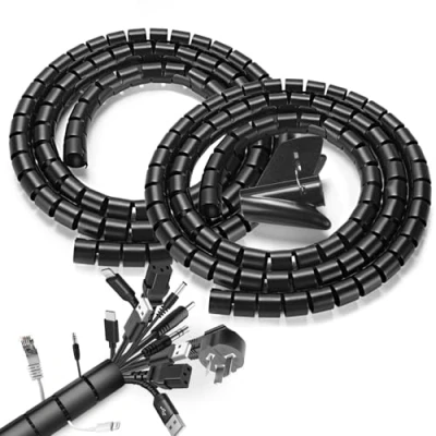 Immagine di Romon 2 Pezzi Raccoglicavi Spiralato, 22mm*1.5 M Flessibile Raccogli Cavi, con 1 Fermaglio Guidafilo, Copri Cavi Elettrici per TV Computer Ufficio Casa Auto,Nero