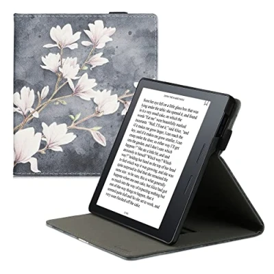 Immagine di kwmobile Custodia Cinturino Mano Compatibile con AmazonKindle Oasis 10. Generation Cover eReader Stand Marrone Grigio/Bianco/Grigio Blu Magnolie