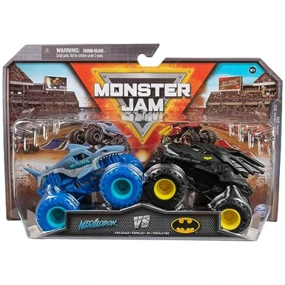 Immagine di Monster Jam Stadio Confezione Originale Due con Batmobile vs. Megalodon Autentici Camion Mostro in Scala 1:64, Multicolore, 6065293