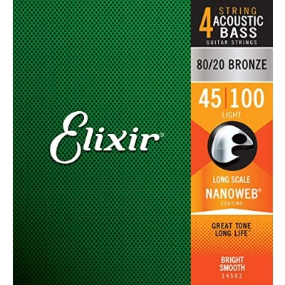 Immagine di corde per basso acustico a 4 in bronzo 80/20 Elixir® Strings con rivestimento NANOWEB®, Long Scale, Light (.045 .100)