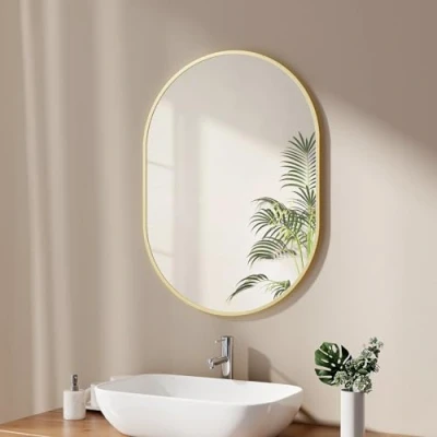 Immagine di EMKE specchio da bagno ovale 60 x 80 cm, parete con cornice in oro spazzolato, orizzontale/verticale, per bagno, corridoio, soggiorno, camera letto, WC gli ospiti