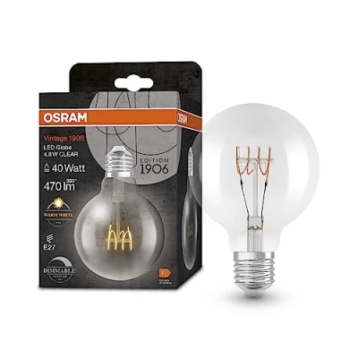 Immagine di OSRAM Lampada LED Vintage 1906 Classic Globe95 FIL, E27, globo, trasparente, 4.8W, 470lm, 2700K, luce bianca calda, dimmerabile, filamento ultra sottile, basso consumo energetico, lunga durata