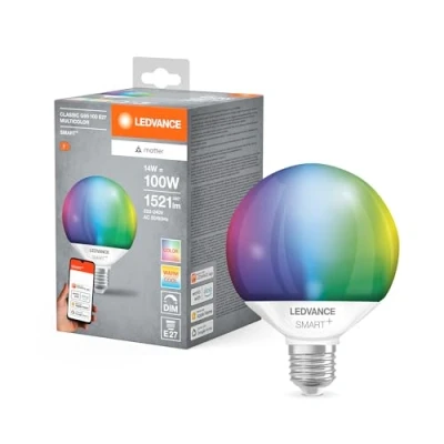 Immagine di Ledvance Lampada Led Smart+ Matter, Smerigliata, 14W, 1521Lm, Forma a Globo E27, Luce Colorata e Bianca, Compatibile con Google, Alexa, Apple, App o Controllo Vocale, Durata Fino 20.000 Ore