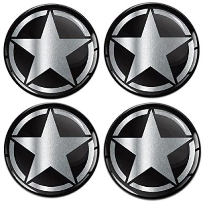 Immagine di SkinoEu® 4 x 70 mm adesivi 3D gel silicone per cerchioni auto, coprimozzo adesivo argento US Army Star esercito stella auto Tuning A 4170