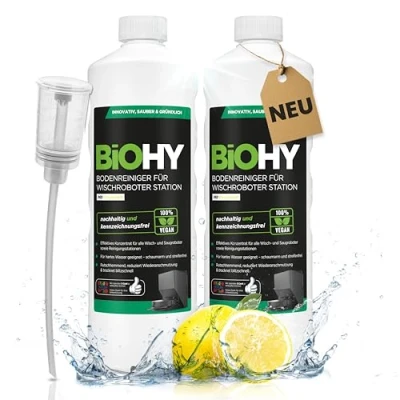 Immagine di BiOHY detergente per pavimenti robot, stazione con profumo fresco (2 x 1 litro) + dosatore, concentrato tutti i robot pulitore e aspirapolvere funzione bagnata, braccio di