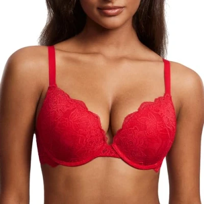 Immagine di DOBREVA Reggiseno Donna Push Up in Pizzo con Ferretto Imbottito Plunge a Coppe Modellate Rossetto Rosso 5C