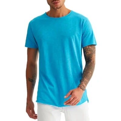 Immagine di Leif Nelson maglietta estiva da uomo, scollo a girocollo, Slim Fit, in cotone, felpa con cappuccio maniche corte LN6281 turchese XL