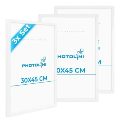 Immagine di PHOTOLINI cornici 30x45 cm bianco legno MDF, set di 3 per poster, plexiglass infrangibile, da parete, accessori extra inclusi foto, immagini e poster