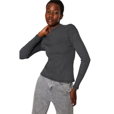 Immagine di Trendyol Donne Dritto Maniche Lunghe Sottile La Cam Blouse, Grigio, S Donna