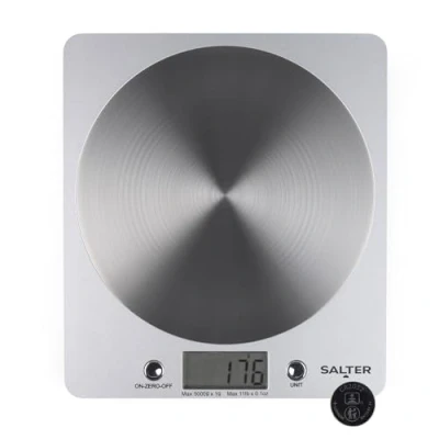Immagine di Salter 1036 SVSSDR, Bilancia da Cucina digitale, Elegante Design Sottile, Cucina/Casa, Piattaforma in Acciaio inox Filata, Aggiungi e Pesata, Misura Liquidi/Fluidi, Capacità Massima 5kg Argento