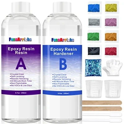 Immagine di Resina Epossidica 500ml, Trasparente, Bicomponente per Colata Rivestimento Rapporto 1:1 Colla Epoxy con Indurente Creazione Gioielli Fai da Te, Legno, Pittura