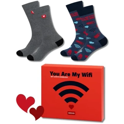 Immagine di soxo San Valentino Calzini Uomo Cotone Calze In Scatola Regalo Idee Regali Divertenti Wi Fi 2 Paia