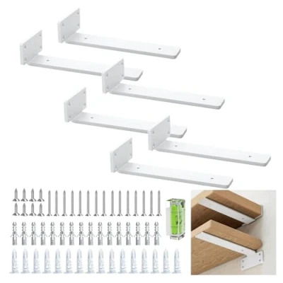 Immagine di Mensola angolare 20 cm (0,5 cm) di spessore, confezione da 6 supporti per scaffali sospesi, nascosti, rustici, industriali, con finitura in ferro moderna, colore bianco