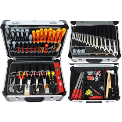 Immagine di FAMEX 418 88 Cassetta degli attrezzi professionale in alluminio, riempita con set di attrezzi, grande, per uso commerciale, utensili produzione tedesca, valigetta tasche