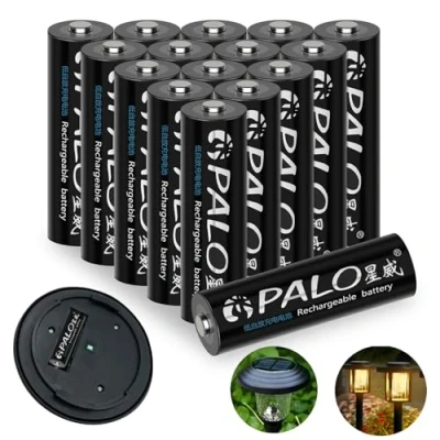 Immagine di PALO Confezione da 16 batterie ricaricabili AA Ni MH, 600 mAh, 1,2 V, per luci solari, con custodia, certificato UL