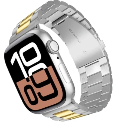 Immagine di ARTCHE 46mm/49mm/45mm/44mm/42mm Cinturino per Apple Watch, in Acciaio Inossidabile Compatibile con iWatch Cinturini Serie 10 Ultra 2/ Ultra, 9 8 7 6 SE2 SE 5 4 3 2 1, Argento &amp; Oro