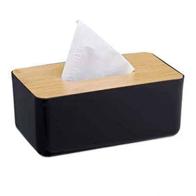 Immagine di relaxdays Porta Fazzoletti, Riutilizzabile, Portafazzoletti per Il Bagno, Coperchio in bambù, 10x23x13 cm, Nero/Naturale, PP, 1 pz