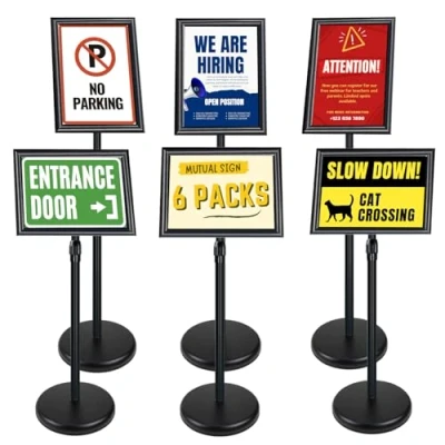 Immagine di Mutualsign 6 espositori regolabili per poster, formato A4, in alluminio, menù, da pavimento, sostituibili, pubblicità, con base stabile, colore nero
