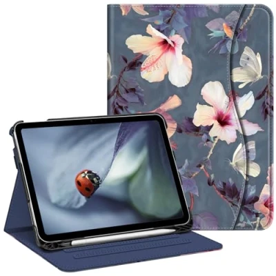 Immagine di FINTIE Custodia compatibile con iPad di 10a generazione (2022) da 10,9 pollici, visualizzazione multi angolo supporto protettivo portamatite e tasca, spegnimento automatico, ibisco fiorito