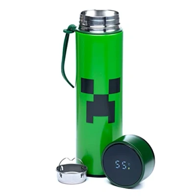 Immagine di Puckator BOT183 Minecraft Creeper Reusable Stainless Steel Hot &amp; Cold Thermal Insulated Drinks Bottle Digital Thermometer 450ml