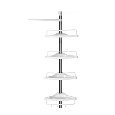 Immagine di SONGMICS Mensola Doccia Telescopica e Regolabile, Scaffale Angolare Bagno, Altezza Totale 95 300 cm, Acciaio Inossidabile, 4 Ripiani, 3 Ganci, 1 Portasciugamani, Color Argento Bianco BCB02SW