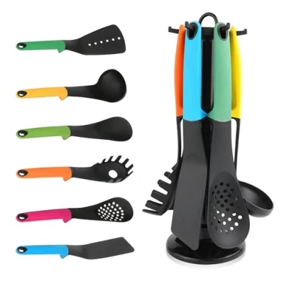 Immagine di cucina da con utensili Ohanian Multi colore Set di 6 strumenti alta qualità su supporto rotante Include Cucchiaio mestolo Skimmer scanalato Turner Forchetta per spaghetti