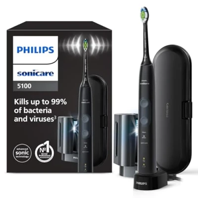 Immagine di Philips Sonicare ProtectiveClean 5100 spazzolino elettrico, sonico con 3 modalità di spazzolamento, sensore pressione, timer e custodia da viaggio, sanitizzatore a raggi UV, nero, modello HX6850/57