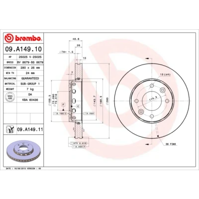 Immagine di Brembo 09.A149.11 Disco Freno con Verniciatura UV (Set di 2) Anteriore