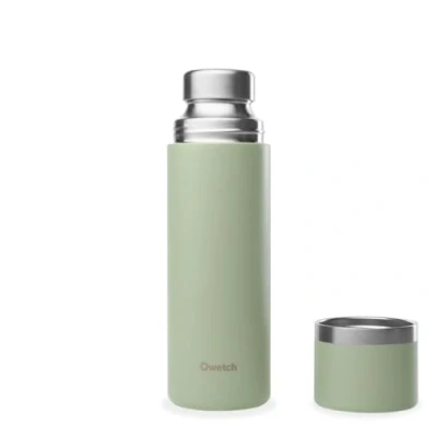 Immagine di Qwetch Termo isotermico verde tiglio, 750 ml Thermos con bicchiere in acciaio riciclato, 24 ore freddo e 12 caldo, impermeabile, senza BPA ideale per caffè tè