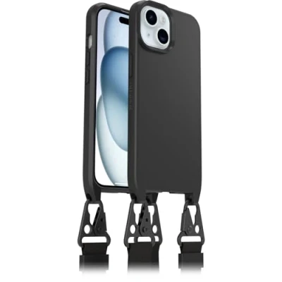 Immagine di Otterbox Cover React Lanyard con MagSafe per iPhone 15, resistente a shock cordone da collo, adattabile e intercambiabile, testata norme MIL STD 810G, Nero, Senza Retail Package
